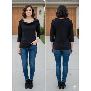 JudyP Black Cowl Neck Top 3/4 Sleeve Microfiber Spandex Stretch Made in USA M